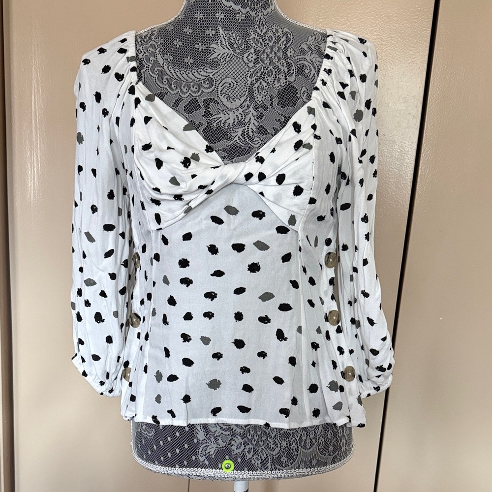White and Black Polka Dot Twist-Neck Blouse - Women Tops